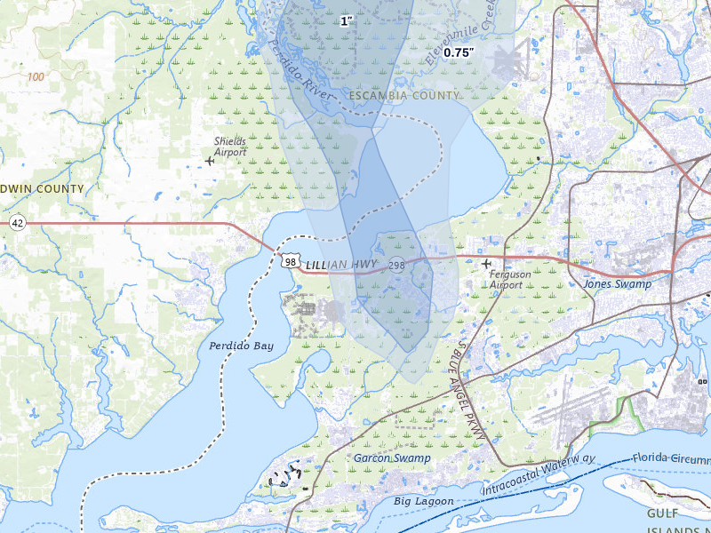 NEXRAD radar-signature map of the hail storm over Pensacola, FL on Jul 30, 2026