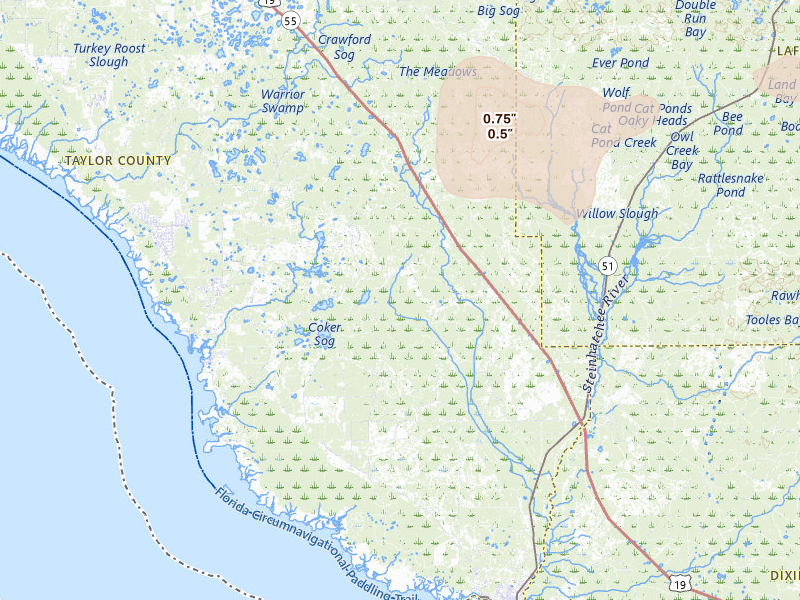 Radar-estimated hail-size map of the storm over Perry, FL on Jul 30, 2026