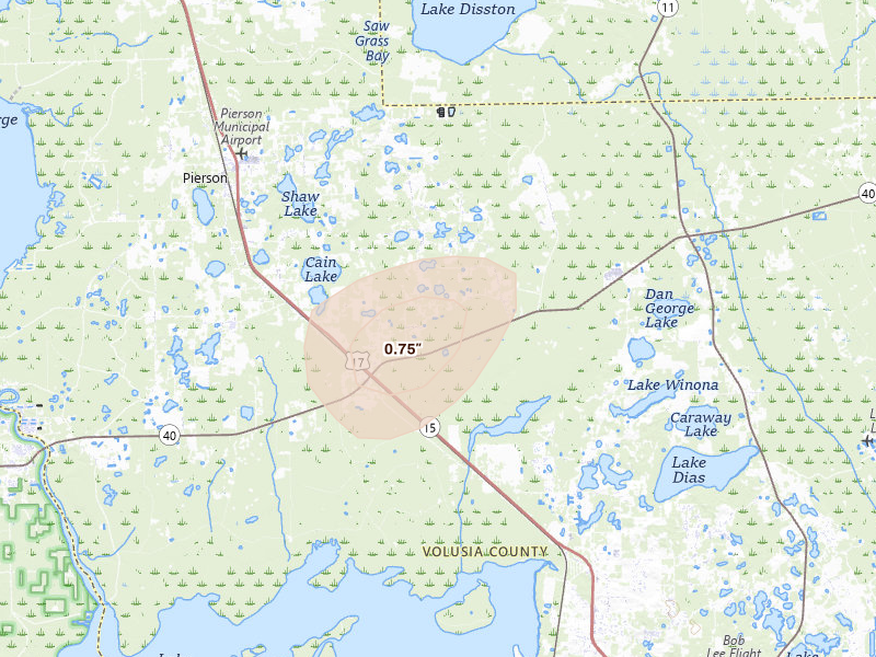 Radar-estimated hail-size map of the storm over Pierson, FL on Jun 18, 2026