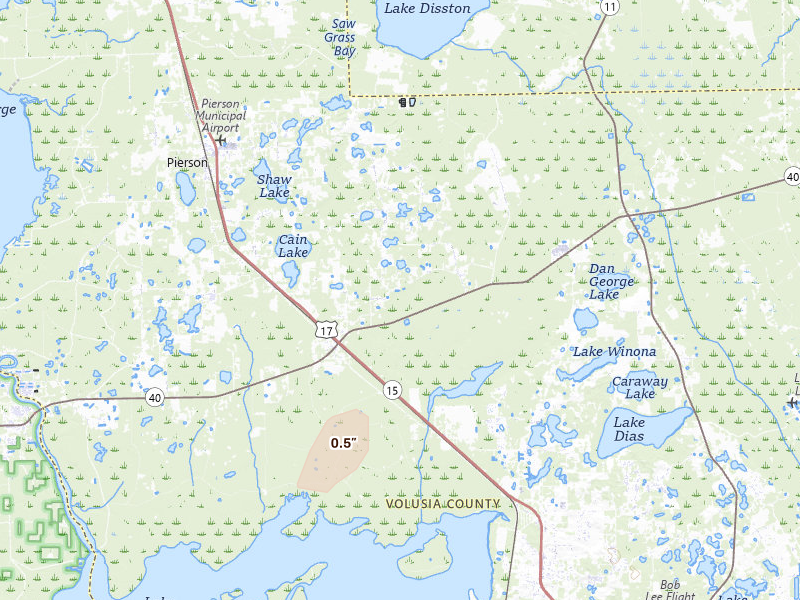 Radar-estimated hail-size map of the storm over Pierson, FL on Jun 29, 2026