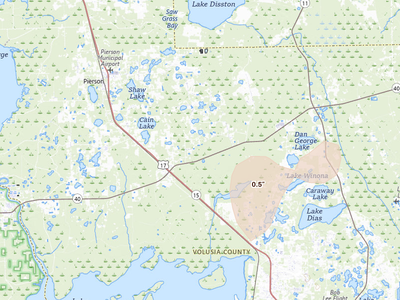 Radar-estimated hail-size map of the storm over Pierson, FL on Jul 4, 2026