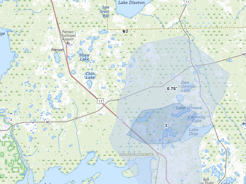 NEXRAD radar-signature map of the hail over Pierson, FL