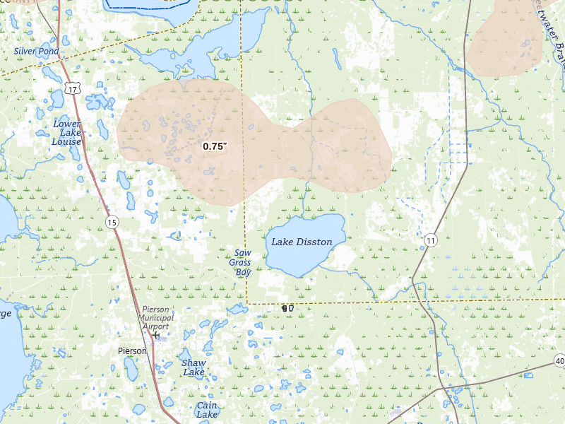 Radar-estimated hail-size map of the storm over Pierson, FL on Aug 18, 2026