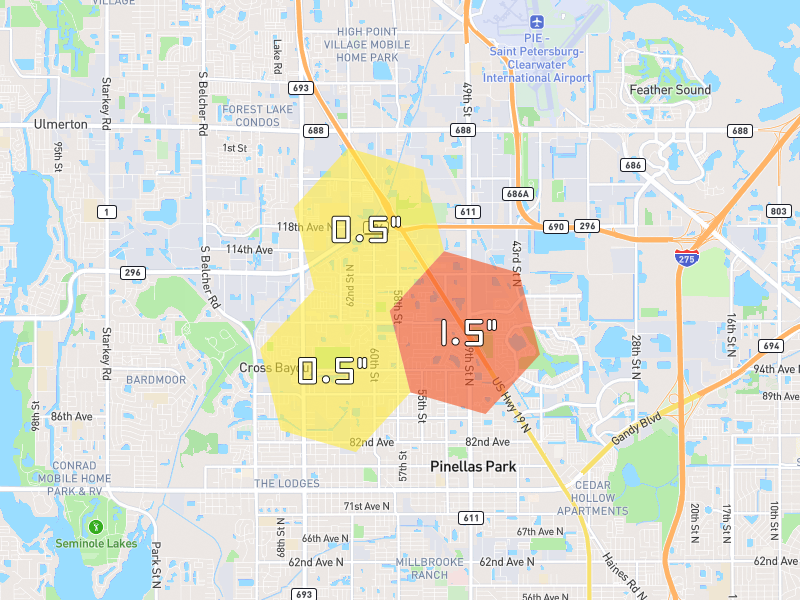 Hail map of Pinellas Park, FL on Jul 1, 2026, hail up to 1.5"