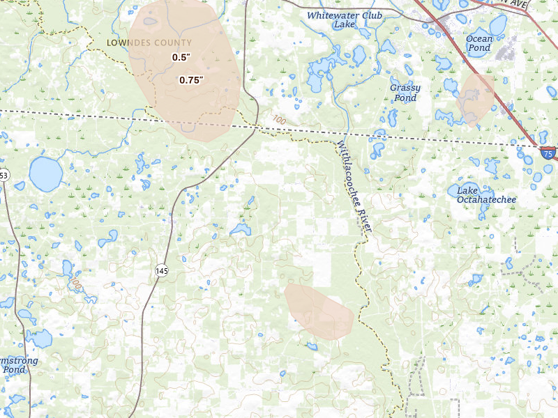 Radar-estimated hail-size map of the storm over Pinetta, FL on Jul 17, 2026