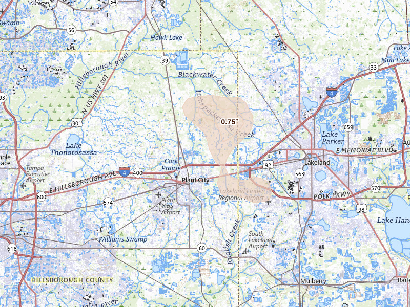 Radar-estimated hail-size map of the storm over Plant City, FL on Jun 29, 2026