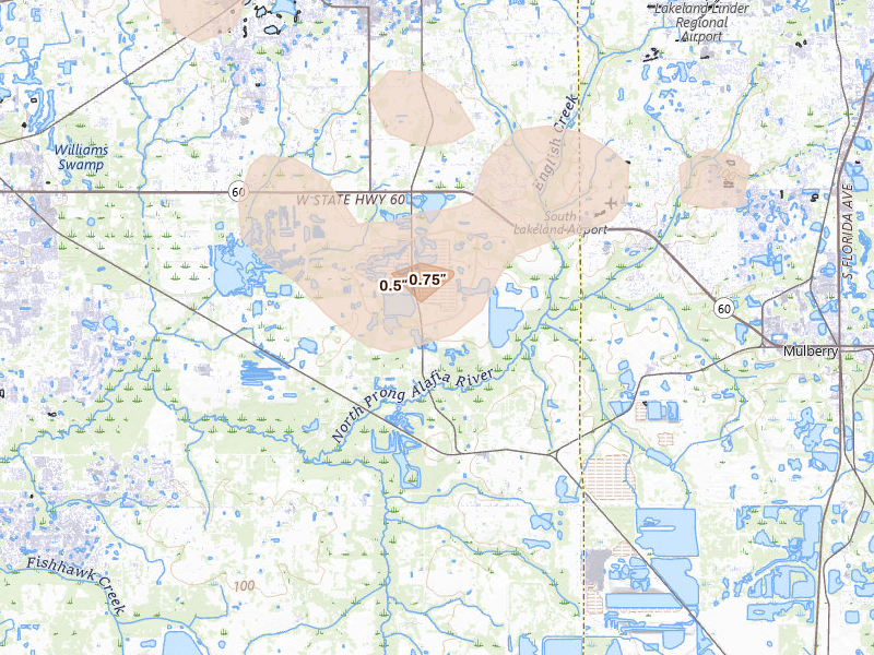 Radar-estimated hail-size map of the storm over Plant City, FL on Jul 8, 2026