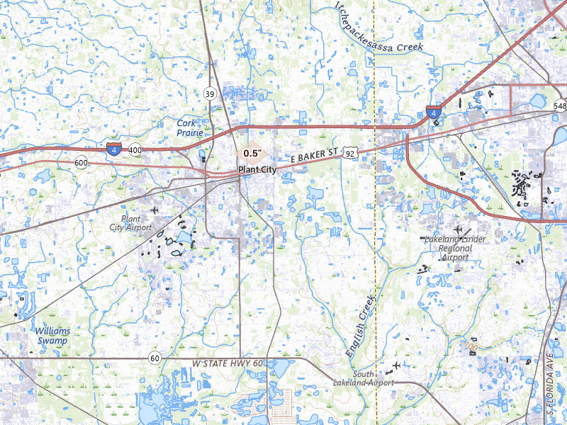 Radar-estimated hail-size map of the storm over Plant City, FL on Aug 5, 2026
