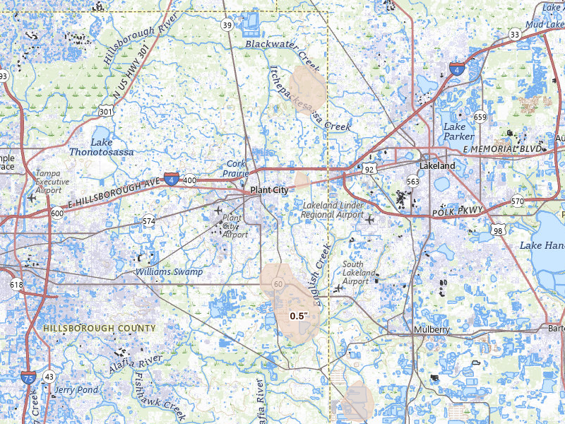 Radar-estimated hail-size map of the storm over Plant City, FL on Aug 8, 2026