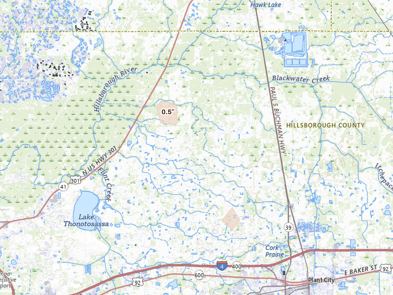 Radar-estimated hail-size map of the storm over Plant City, FL on Aug 19, 2026
