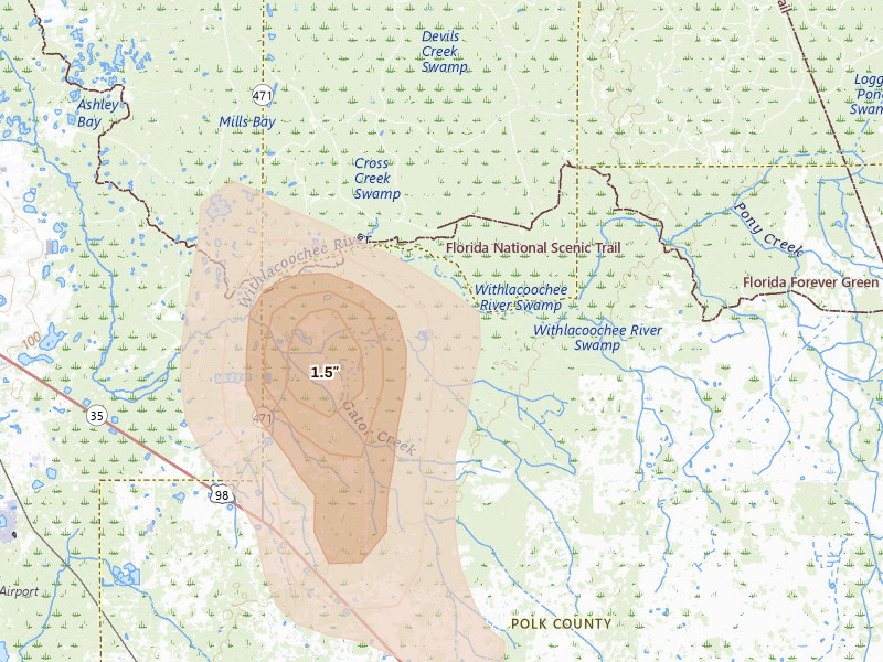 Radar-estimated hail-size map of the storm over Polk City, FL on May 24, 2026