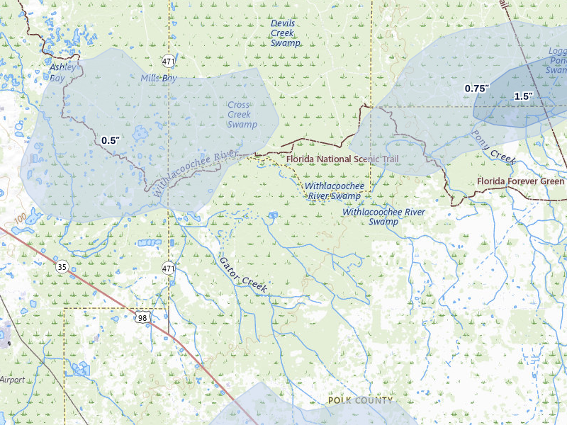 NEXRAD radar-signature map of the hail storm over Polk City, FL on Jul 12, 2026