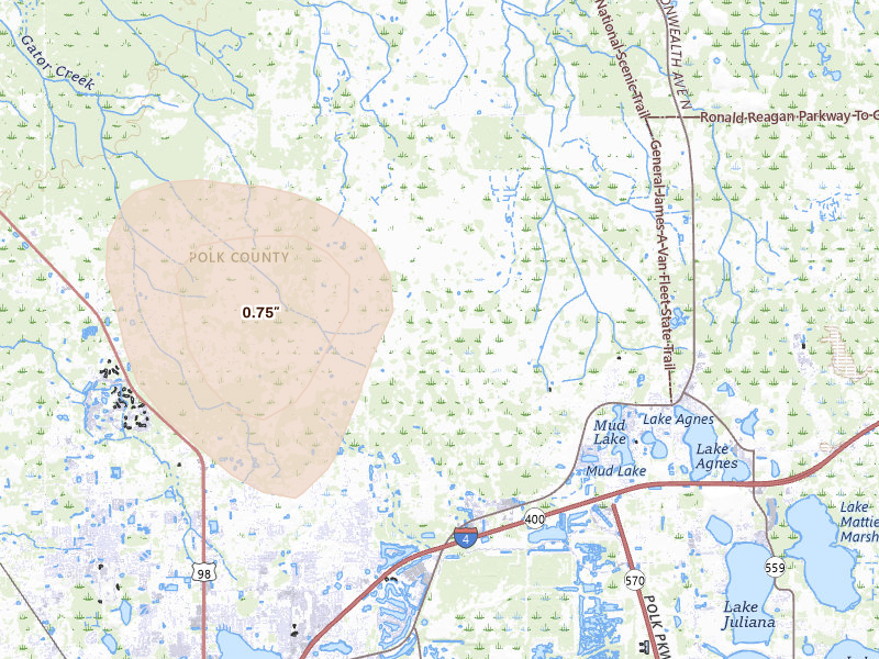 Radar-estimated hail-size map of the storm over Polk City, FL on Jul 17, 2026