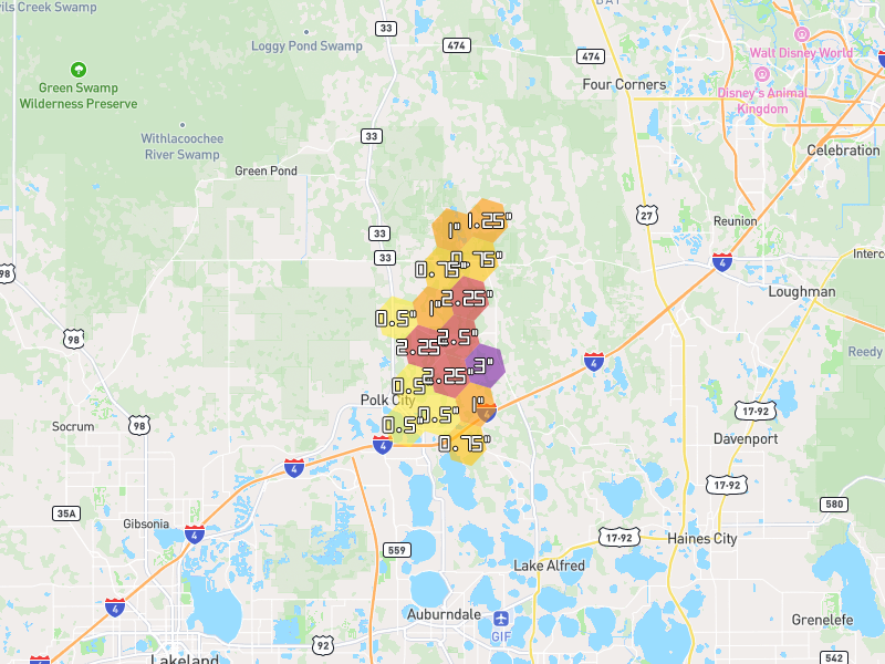 Hail map of Polk City, FL on Jul 25, 2026, hail up to 3"