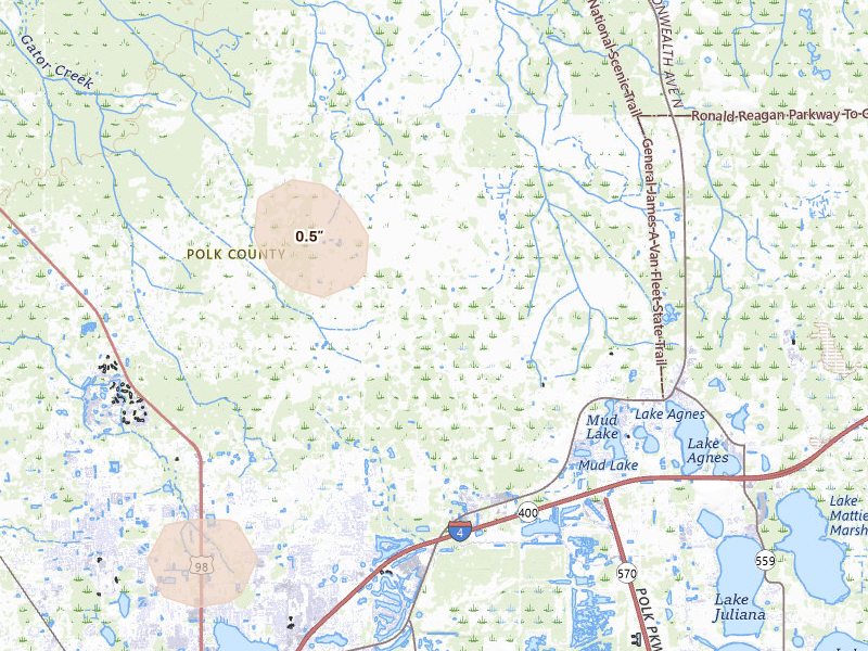 Radar-estimated hail-size map of the storm over Polk City, FL on Aug 11, 2026