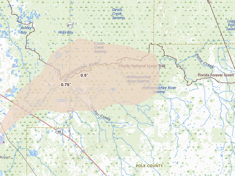 Radar-estimated hail-size map of the storm over Polk City, FL on Aug 19, 2026