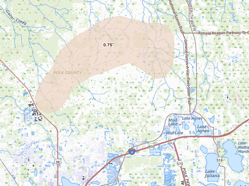 Radar-estimated hail-size map of the storm over Polk City, FL on Aug 20, 2026