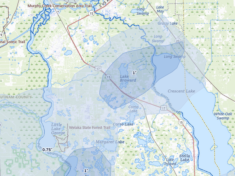 NEXRAD radar-signature map of the hail over Pomona Park, FL