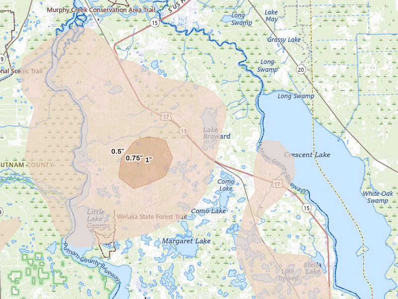 Radar-estimated hail-size map of the storm over Pomona Park, FL on Aug 18, 2026