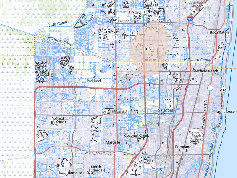 Radar-estimated hail-size map of the storm over Pompano Beach, FL on Jun 24, 2026
