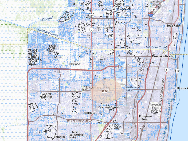 Radar-estimated hail-size map of the storm over Pompano Beach, FL on Jul 25, 2026