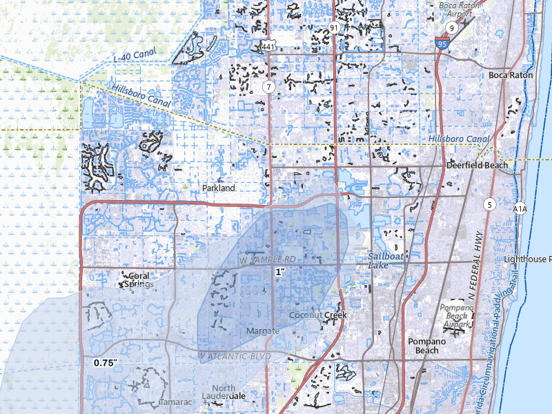 NEXRAD radar-signature map of the hail storm over Pompano Beach, FL on Jul 25, 2026