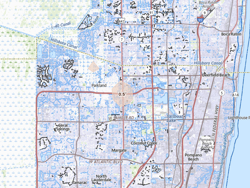 Radar-estimated hail-size map of the storm over Pompano Beach, FL on Aug 19, 2026