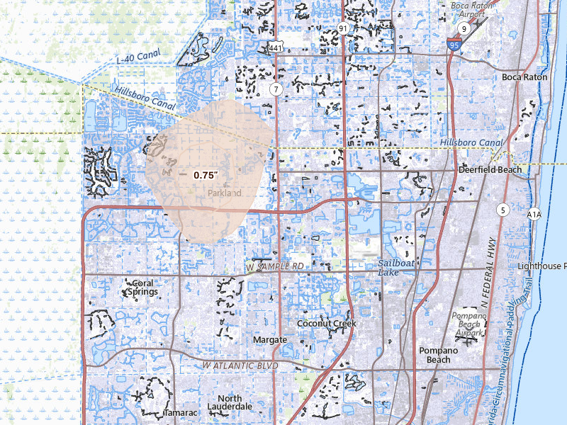Radar-estimated hail-size map of the storm over Pompano Beach, FL on Aug 26, 2026