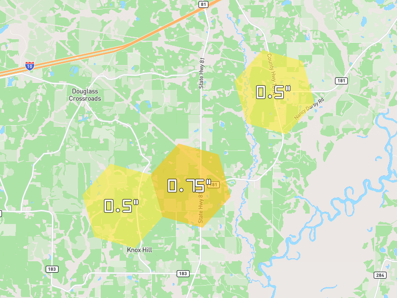 Hail map of Ponce de Leon, FL on Jun 30, 2026, hail up to 0.75"