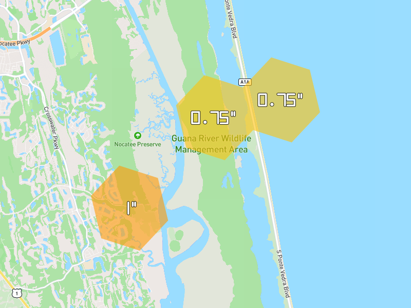 Hail map of Ponte Vedra Beach, FL on Jul 5, 2026, hail up to 1"