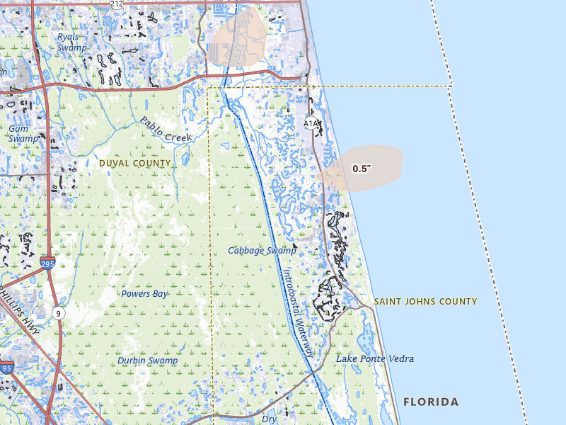 Radar-estimated hail-size map of the storm over Ponte Vedra Beach, FL on Aug 25, 2026
