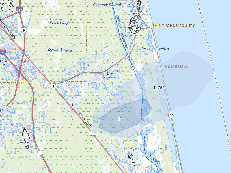 NEXRAD radar-signature map of the hail storm over Ponte Vedra, FL on Jul 5, 2026