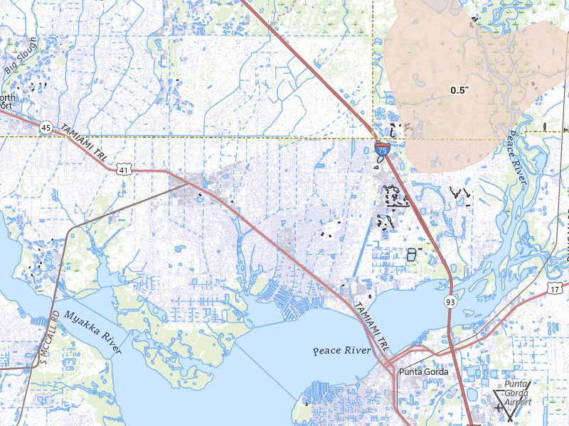 Radar-estimated hail-size map of the storm over Port Charlotte, FL on Mar 25, 2026