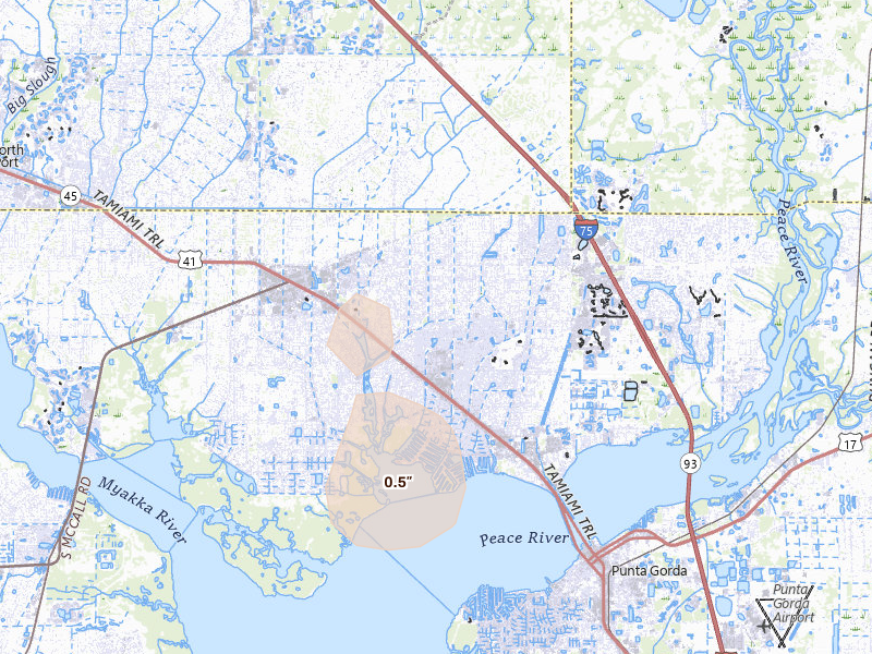 Radar-estimated hail-size map of the storm over Port Charlotte, FL on Jun 27, 2026