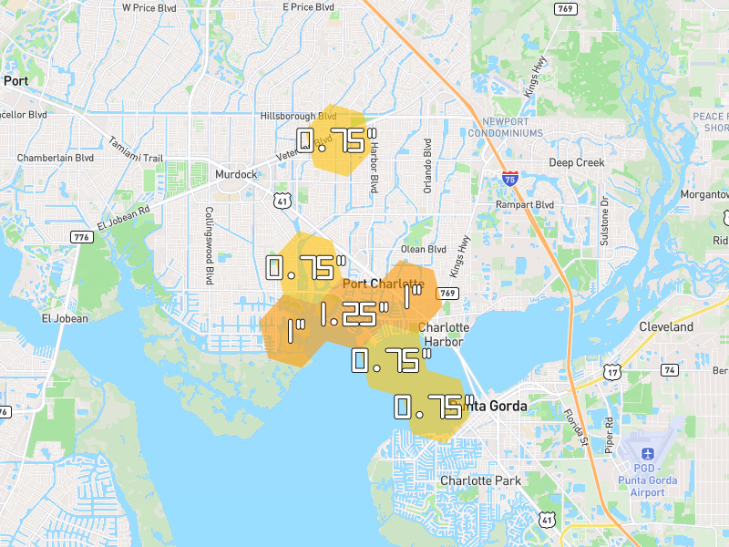 Hail map of Port Charlotte, FL on Jun 27, 2026, hail up to 1.25"