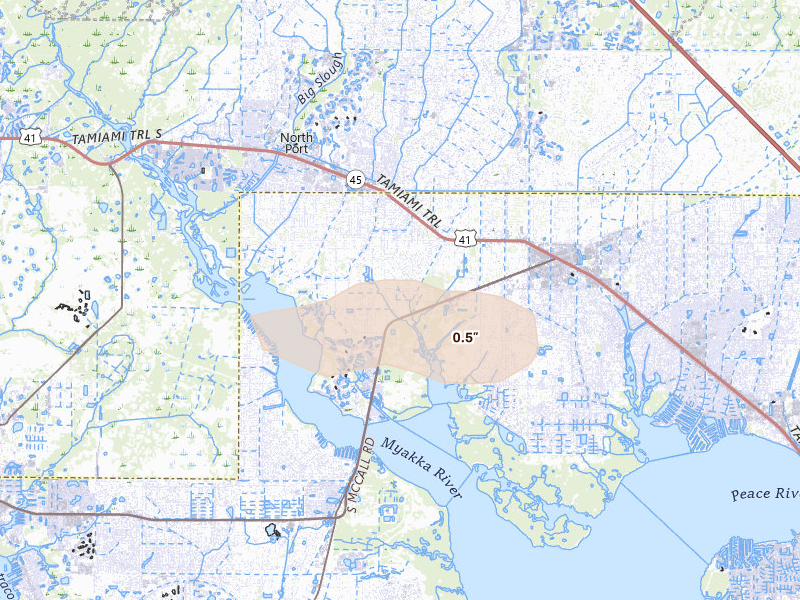 Radar-estimated hail-size map of the storm over Port Charlotte, FL on Aug 7, 2026