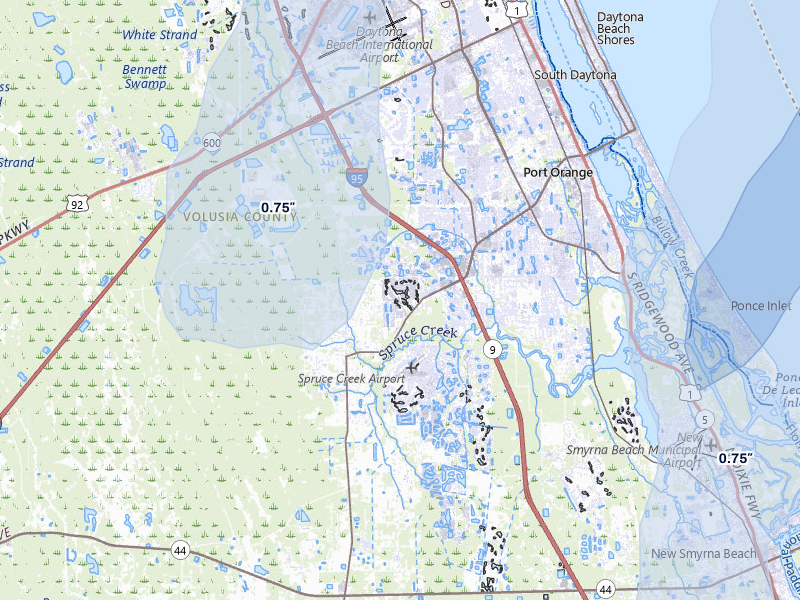 NEXRAD radar-signature map of the hail over Port Orange, FL
