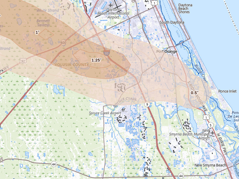 Radar-estimated hail-size map of the storm over Port Orange, FL on May 8, 2026