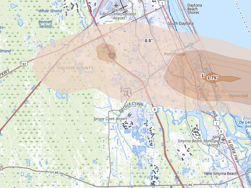 Radar-estimated hail-size map of the storm over Port Orange, FL on May 10, 2026