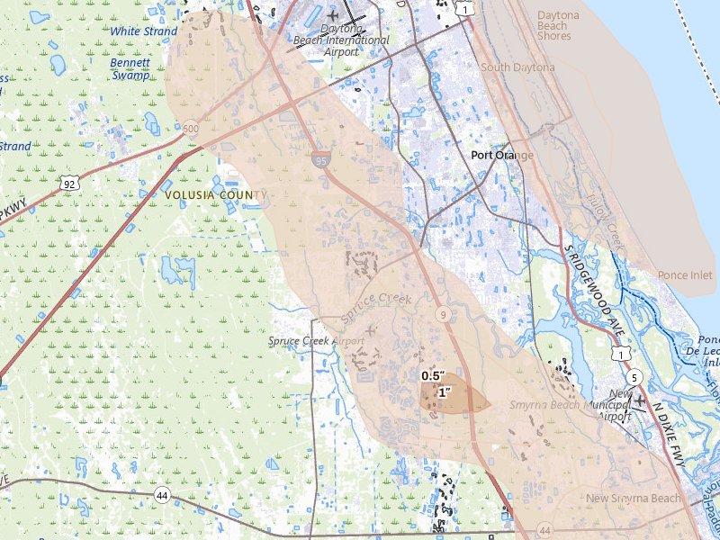 Radar-estimated hail-size map of the storm over Port Orange, FL on Jun 2, 2026