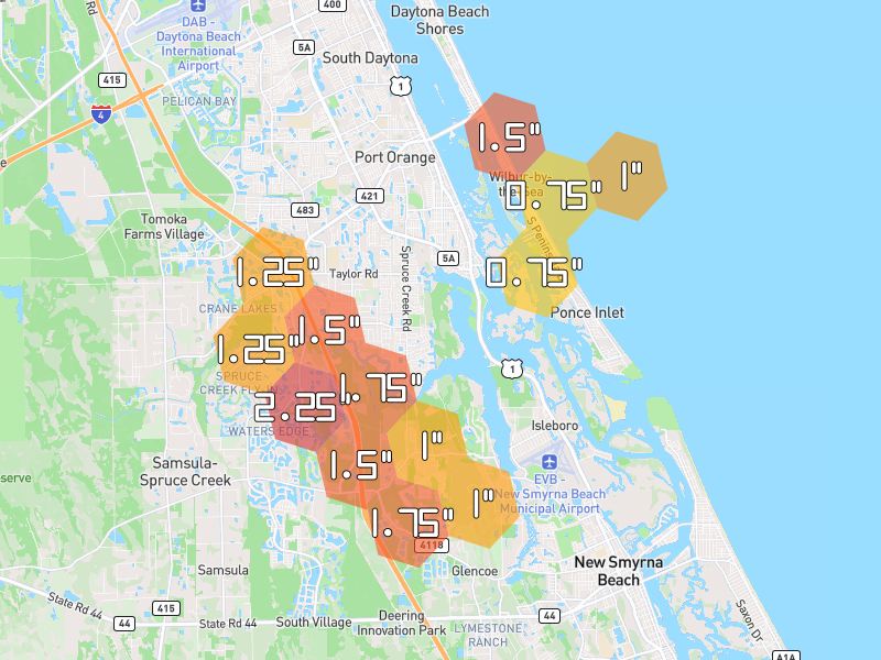 Hail map of Port Orange, FL on Jun 2, 2026, hail up to 2.25"