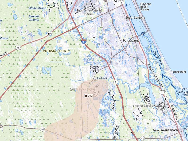Radar-estimated hail-size map of the storm over Port Orange, FL on Jul 4, 2026
