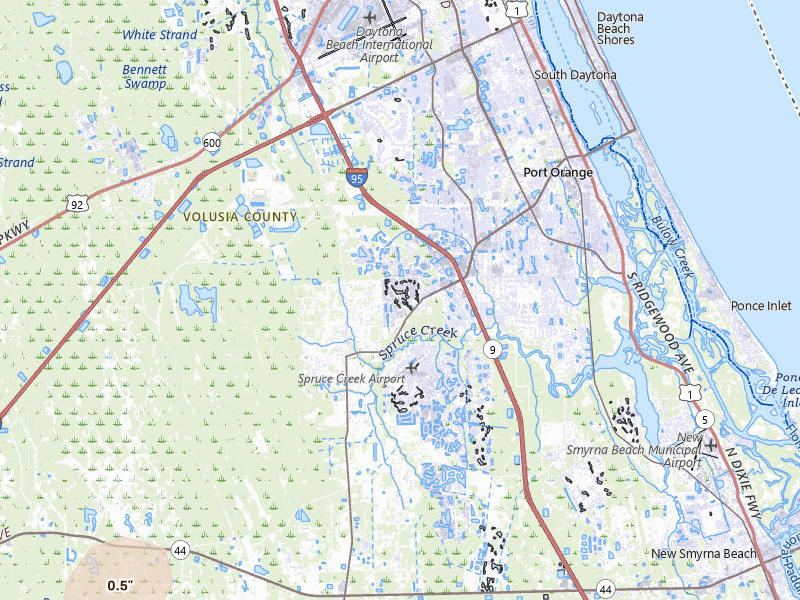 Radar-estimated hail-size map of the storm over Port Orange, FL on Jul 5, 2026