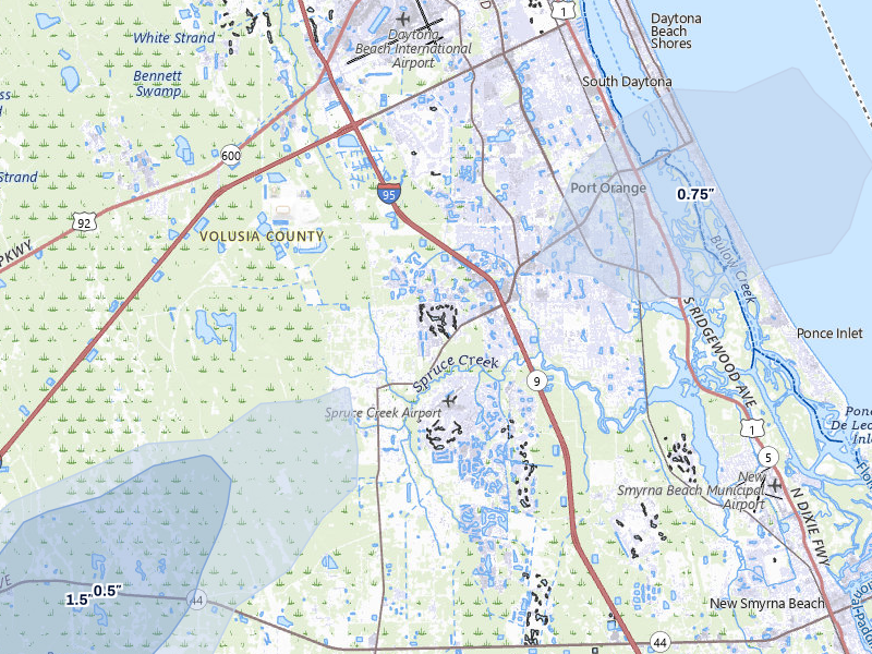 NEXRAD radar-signature map of the hail storm over Port Orange, FL on Jul 5, 2026
