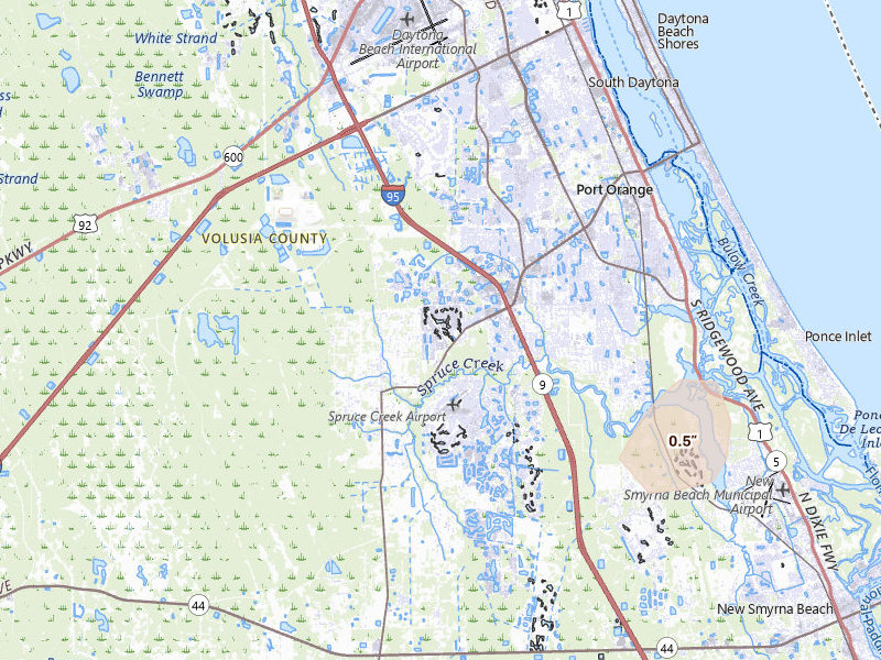 Radar-estimated hail-size map of the storm over Port Orange, FL on Jul 27, 2026
