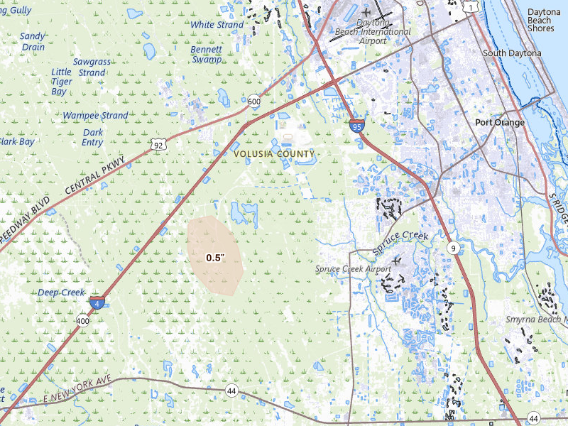 Radar-estimated hail-size map of the storm over Port Orange, FL on Aug 19, 2026