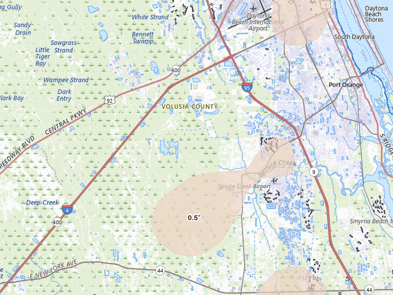 Radar-estimated hail-size map of the storm over Port Orange, FL on Aug 22, 2026