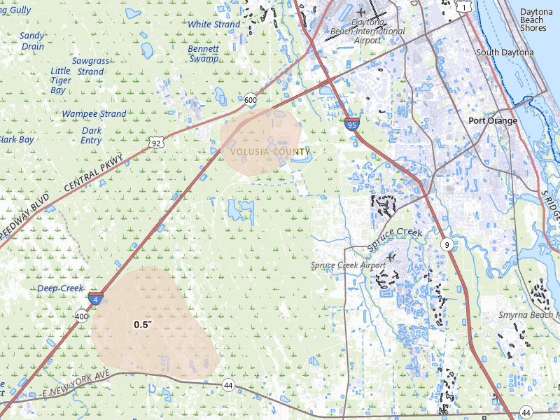 Radar-estimated hail-size map of the storm over Port Orange, FL on Aug 26, 2026