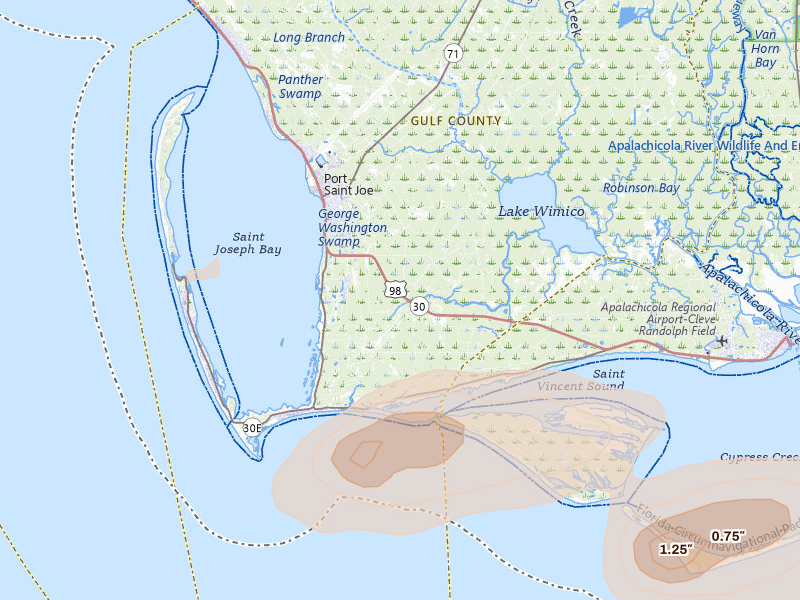 Radar-estimated hail-size map of the storm over Port Saint Joe, FL on May 22, 2026