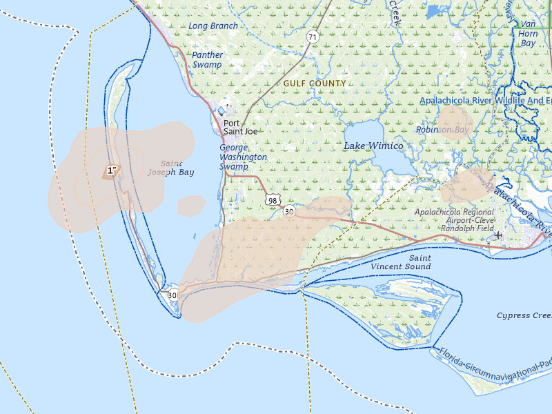 Radar-estimated hail-size map of the storm over Port Saint Joe, FL on Jun 30, 2026